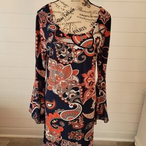 Women's Navy Paisley Long-Sleeve Dress with Coral Accents